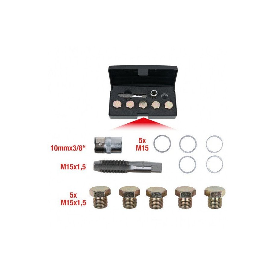 KS TOOLS Eļļas nolaišanas skrūvju vītņu remonta komplekts, 12-daļīgs, M15 x 1,5