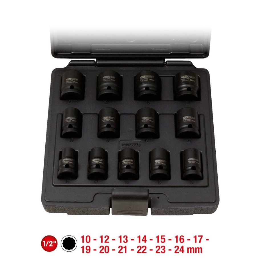 KS TOOLS 1/2" 12-kanšu triecienmuciņu komplekts, īsas, 13-daļīgs