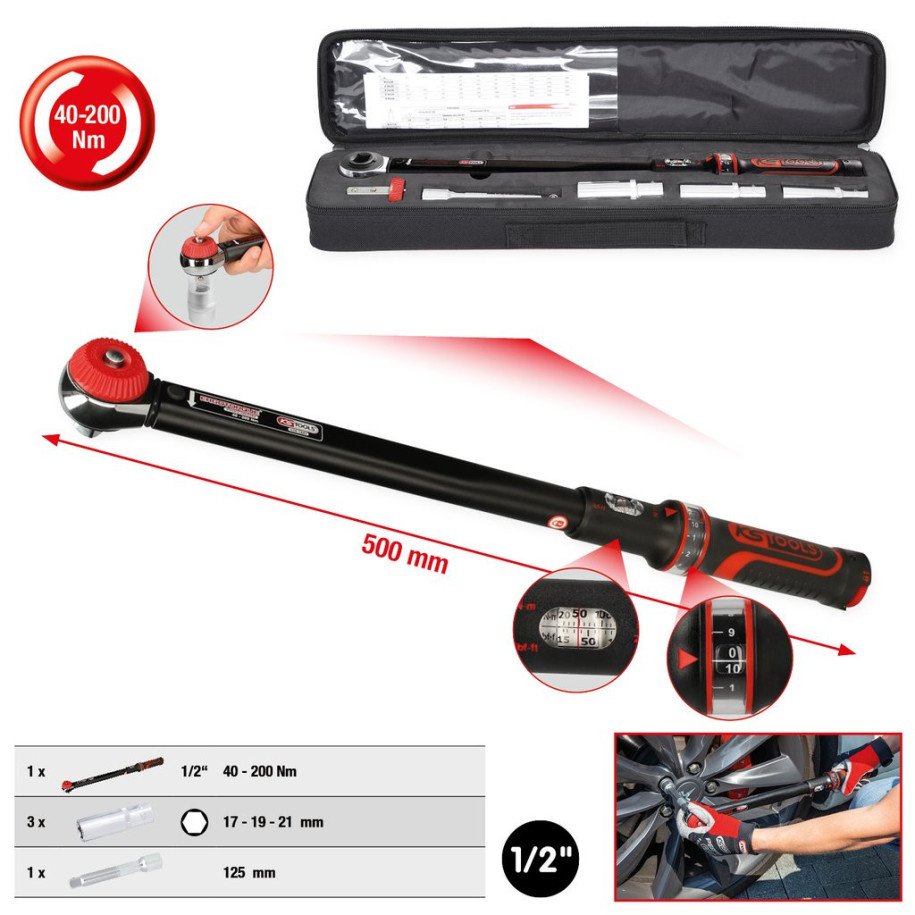 KS TOOLS 1/2", 40-200 Nm, ERGOTORQUE®precision dinamometriskās atslēgas komplekts, 5-daļīgs
