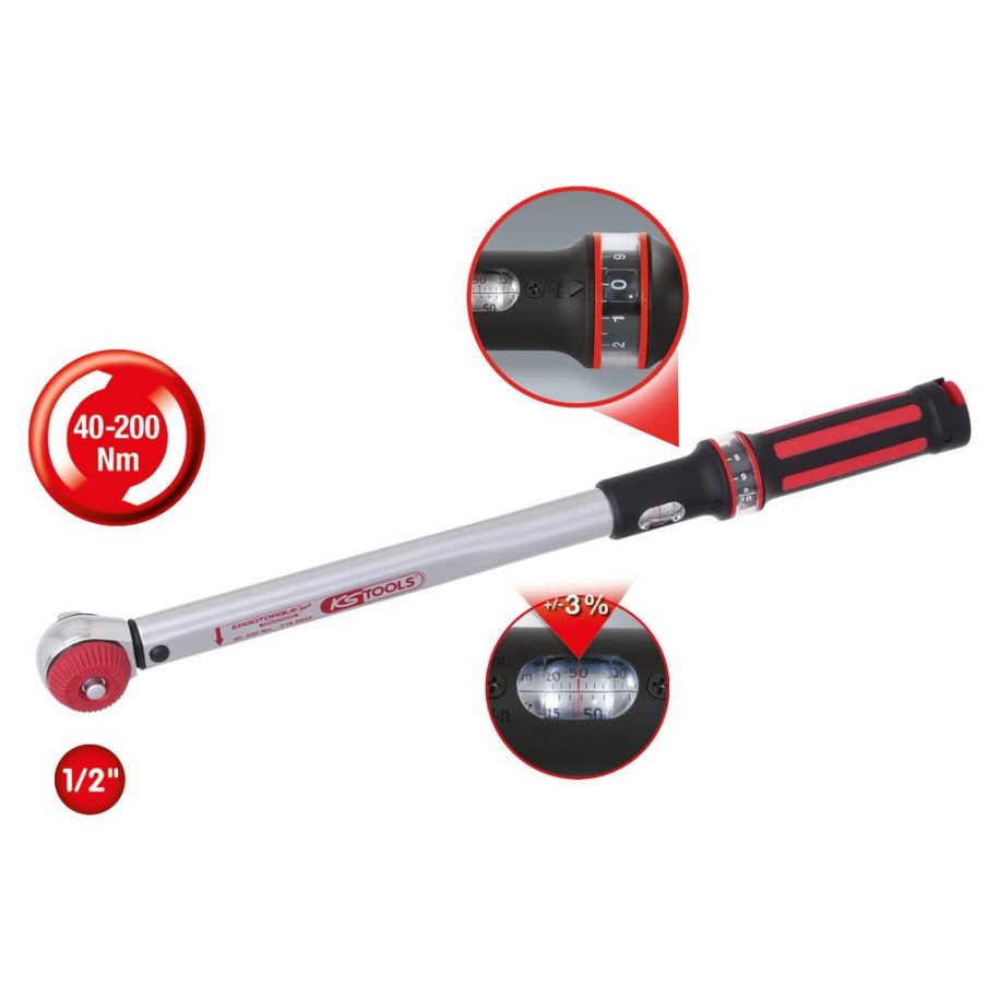 KS TOOLS 1/2", 40-200 Nm, ERGOTORQUE®precision dinamometriskā atslēga ar maināmu sprūdrata galvu, ar Quick-Lock