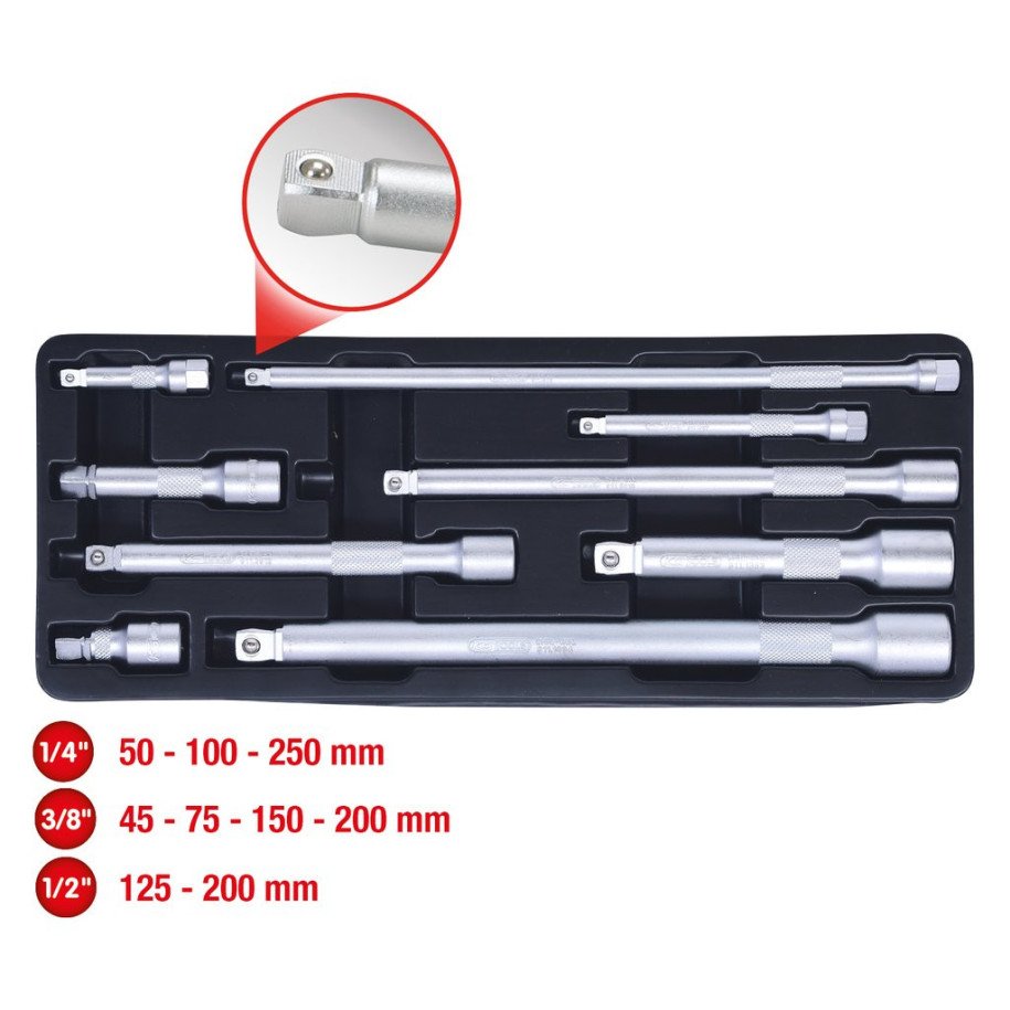 KS TOOLS 1/4", 3/8", 1/2", Muciņu pagarinājumu komplekts, 9-daļīgs