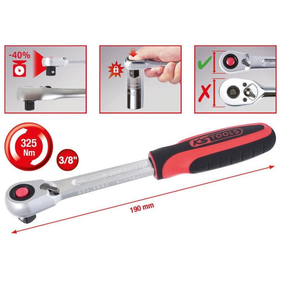 KS TOOLS 3/8" SlimPOWER sprūdatslēga, 72 zobi