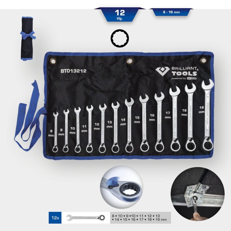 Brilliant Tools 8-19mm Kombinēto sprūdatslēgu komplekts, pārslēdzamas, 12-daļīgs