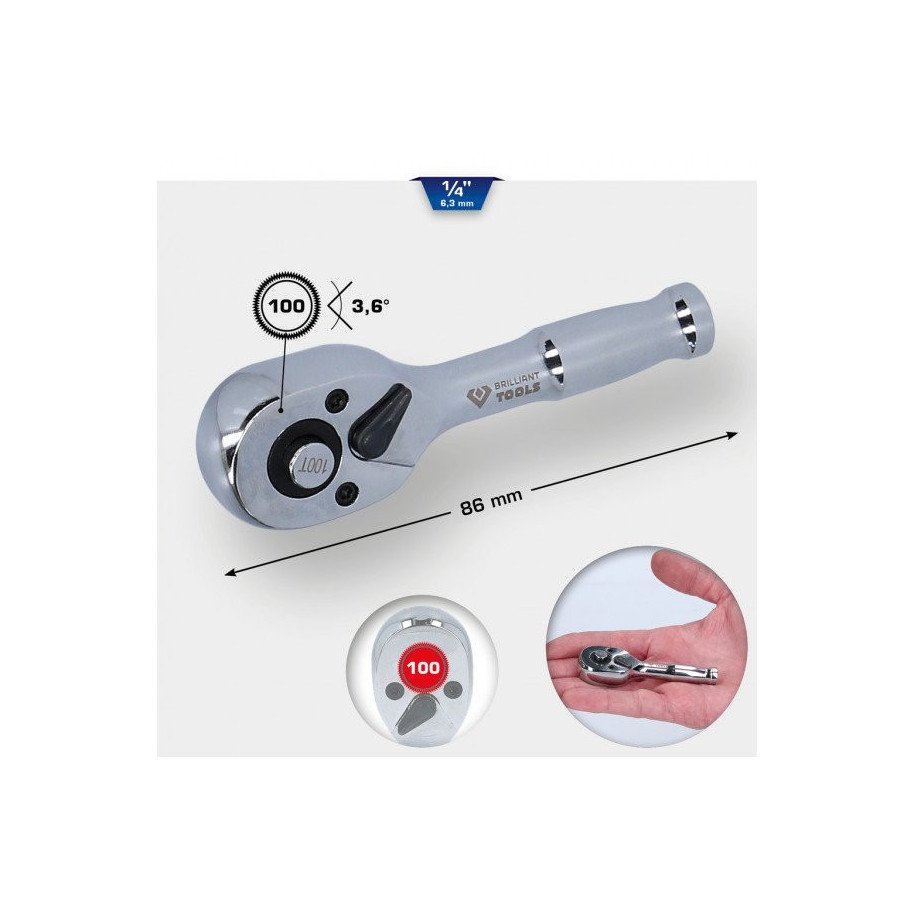 Brilliant Tools 1/4" Mini pārslēdzamā sprūdatslēga ar metāla rokturi, 100 zobi