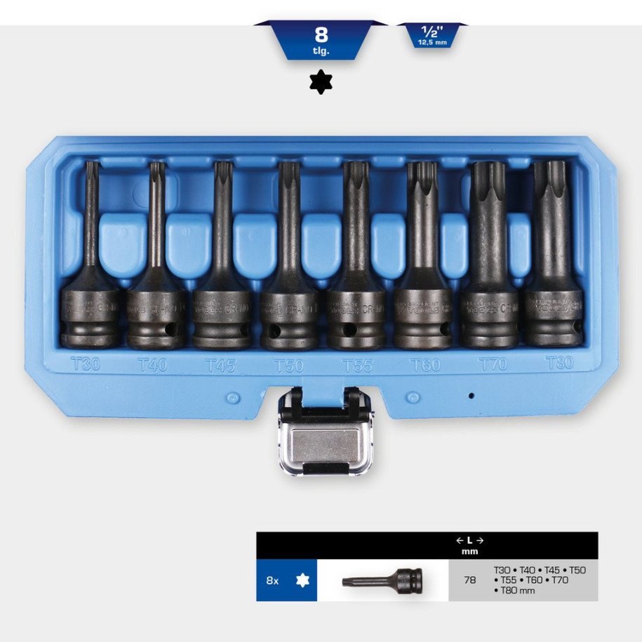 Brilliant Tools 1/2", T30 - T80 TORX, triecienmuciņu ar uzgali komplekts, 8 daļas