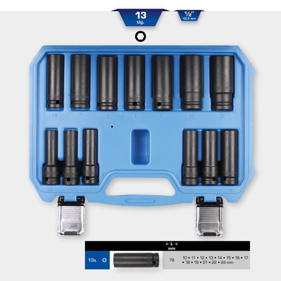 Brilliant Tools 1/2", 10 - 24mm triecienmuciņu komplekts, garas, 6-kantis, 13 daļas