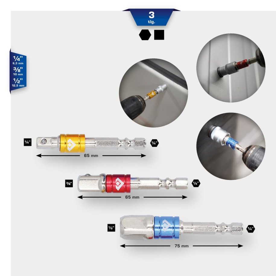 Brilliant Tools 1/4" 4-kanšu adapteru komplekts 1/4" + 3/8" + 1/2", 3 daļas