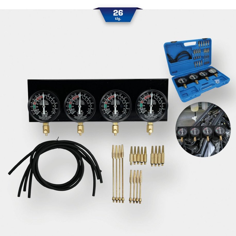 Brilliant Tools Karburatora sinhronā mērierīce, ar 4 sinhroniem mērītājiem, 26 daļīgs