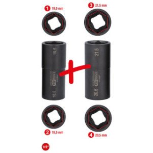 KS TOOLS 1/2", 18,5 / 19,5 / 20,5 / 21,5 mm speciālo alumīnija disku triecienmuciņu komplekts Ford modeļiem, 2 gab.