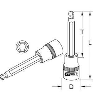 KS TOOLS 1/2", 6mm muciņa ar uzgali, iekšējais seškantis, ar lodveida galvu, gara