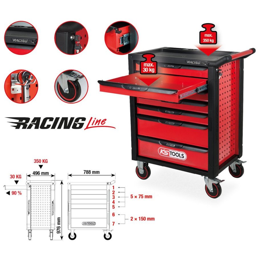 KS TOOLS RACINGline MELNS/SARKANS pārvietojams darbnīcas plaukts ar 7 atvilktnēm