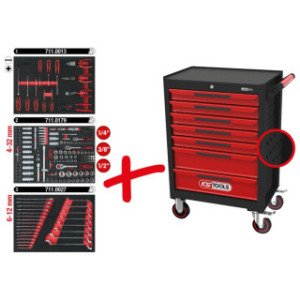 KS TOOLS ECOline MELNS/SARKANS pārvietojams darbnīcas plaukts ar 7 atvilktnēm un 215 Premium klases instrumentiem