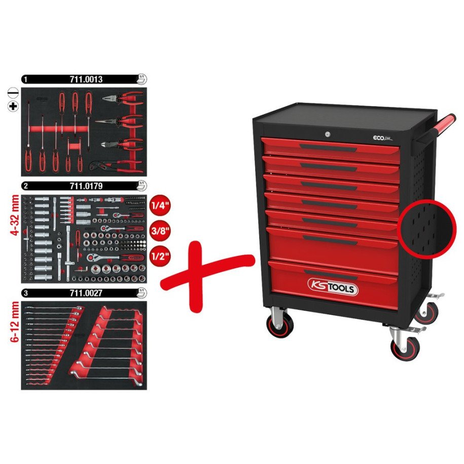 KS TOOLS ECOline MELNS/SARKANS pārvietojams darbnīcas plaukts ar 7 atvilktnēm un 215 Premium klases instrumentiem