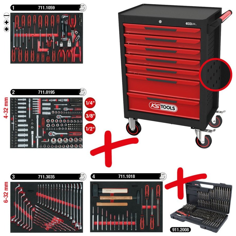 KS TOOLS ECOline MELNS/SARKANS pārvietojams darbnīcas plaukts ar 7 atvilktnēm un 515 Premium klases instrumentiem
