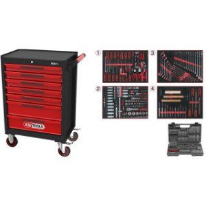 KS TOOLS ECOline MELNS/SARKANS pārvietojams darbnīcas plaukts ar 7 atvilktnēm un 515 Premium klases instrumentiem