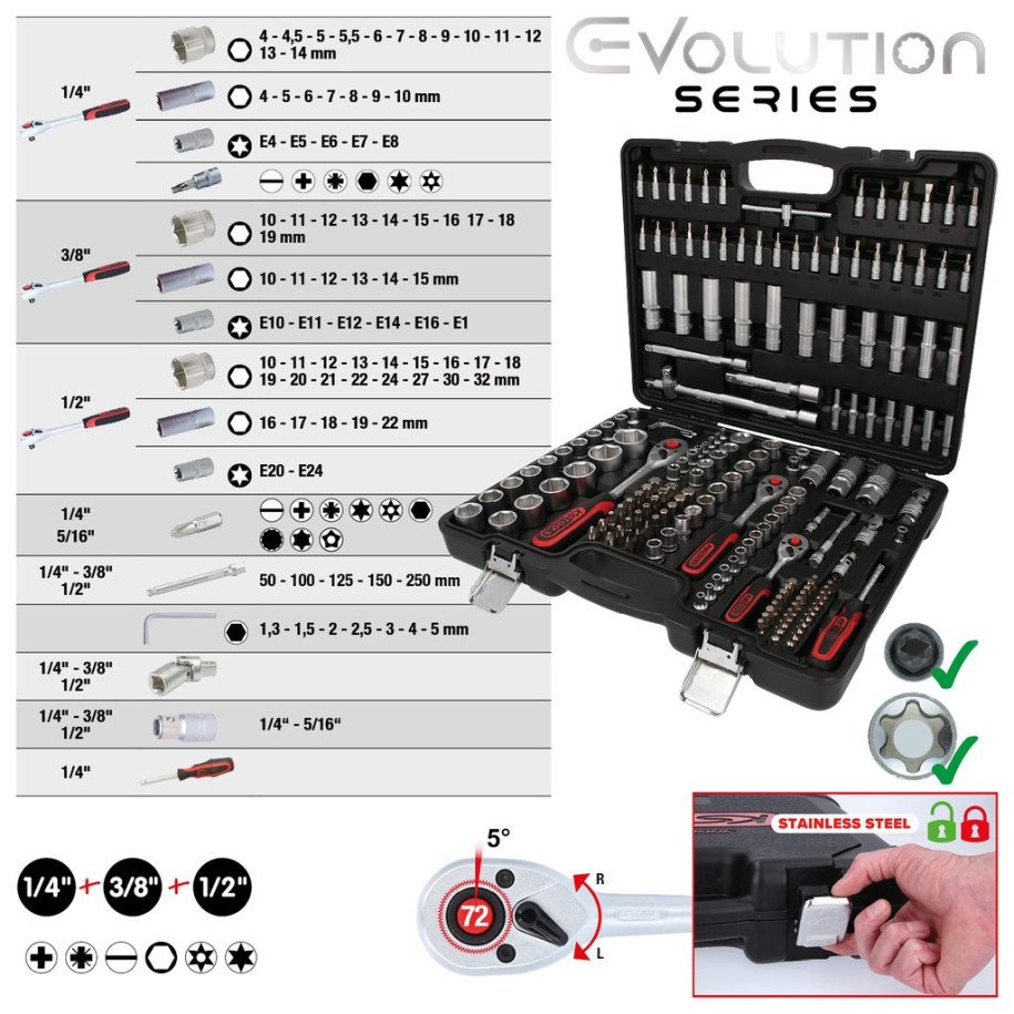 KS TOOLS 1/4"+3/8"+1/2" atslēgu komplekts, 179-daļīgs