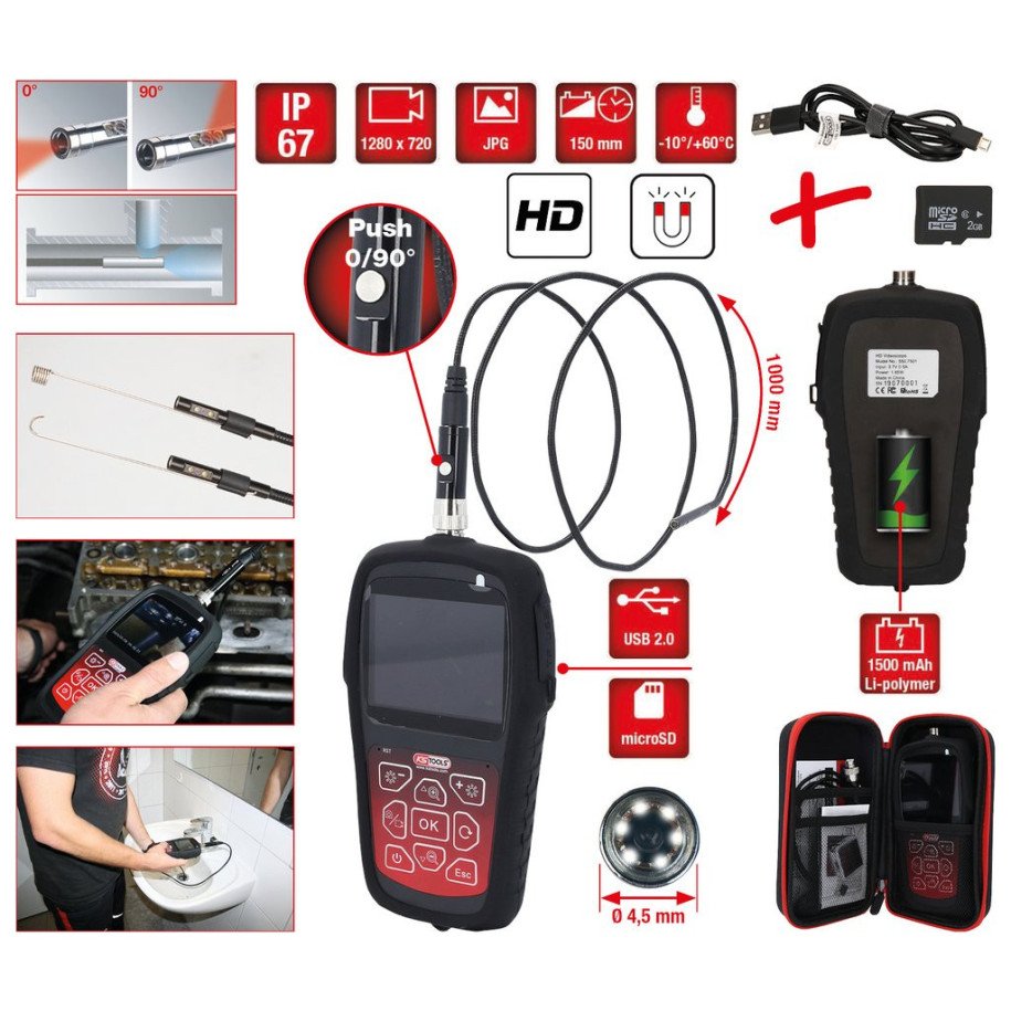 KS TOOLS HD videoskopa komplekts ar Ø 4,5 mm un 90° HD priekšējās kameras zonde, pārslēdzama, 7-daļīga