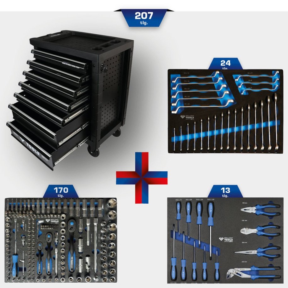 Brilliant Tools Pārvietojams darbnīcas plaukts ar 7 atvilktnēm un 207 instrumentiem