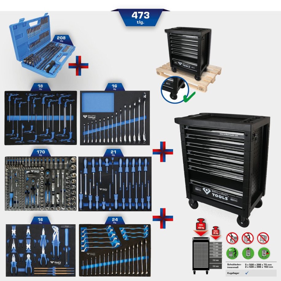 Brilliant Tools Pārvietojams darbnīcas plaukts ar 7 atvilktnēm un 473 instrumentiem