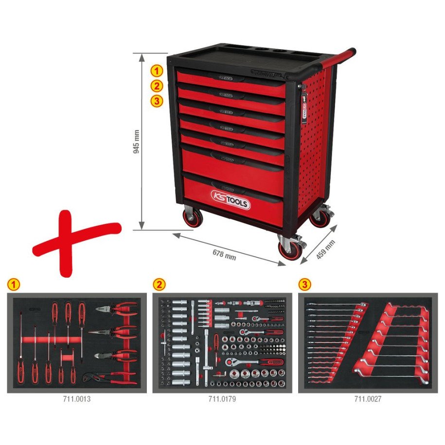 KS TOOLS RACINGline MELNS/SARKANS pārvietojams darbnīcas plaukts ar 7 atvilktnēm un 215 Premium klases instrumentiem