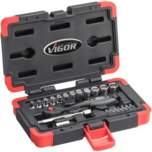 VIGOR 1/4", 4-13mm, muciņu komplekts ar sprūdatslēgu, 23gab.