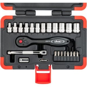 VIGOR 1/4", 4-13mm, muciņu komplekts ar sprūdatslēgu, 23gab.